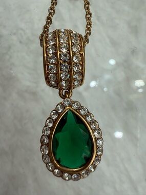 Avon Gold-Tone Necklace with Emerald Teardrop Pendant and Clear Crystals